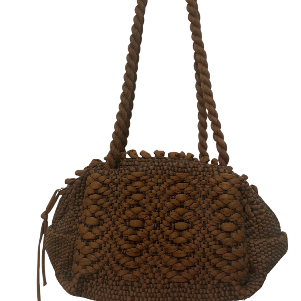 Handwoven Brown Boho Top-Handle Bag – Braided Strap Knit Purse with Zip Closure - Picture 4 of 11
